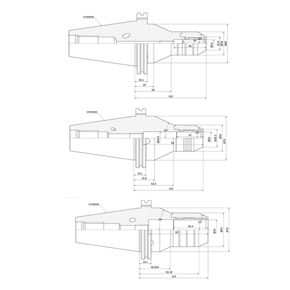 Bản vẽ đầu kẹp thủy lực SK50 HDC12, HDC20, HDC32
